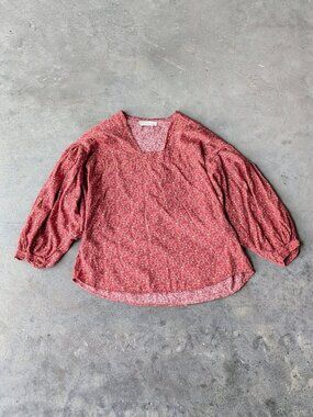 Hackwith Design House Square Neck Puff Sleeve Peasant Top Mahogany Floral Print